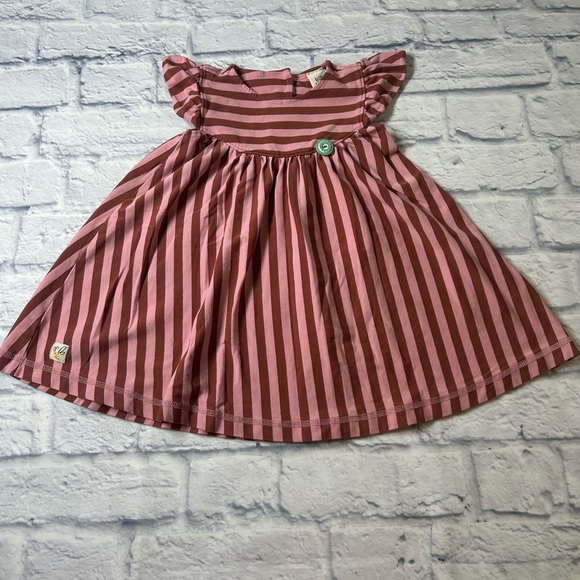 Wildflowers Pink and Brown Striped Sleeveless Dress with Teal Button Accent. 2T - Picture 1 of 5